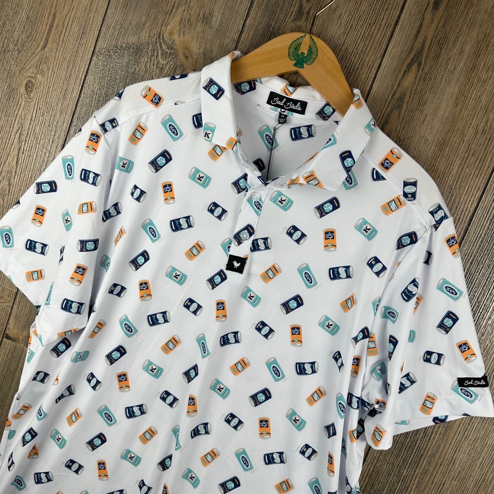Bad Birdie Core Polo Shirt Crushable NWT Mens XL Beer Can Print Golf